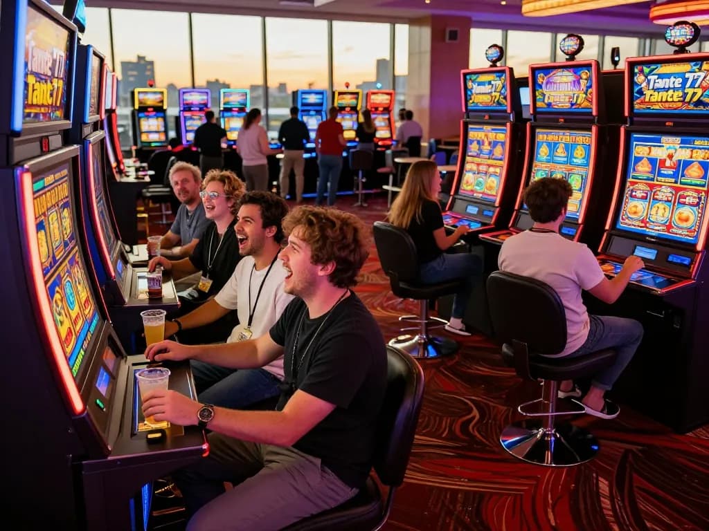 Players enjoying the Tante77 slot machine in a lively casino.