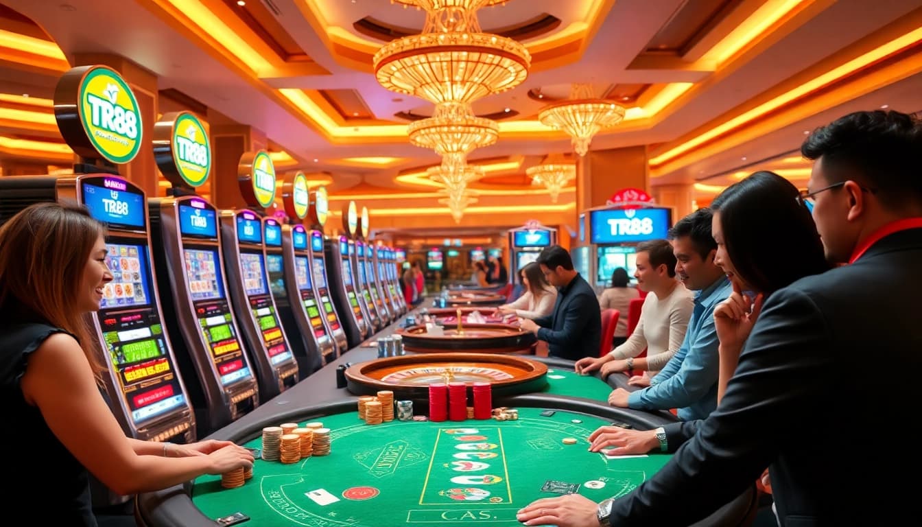Players enjoying games at a TR88 online casino, featuring vibrant slot machines and poker tables.