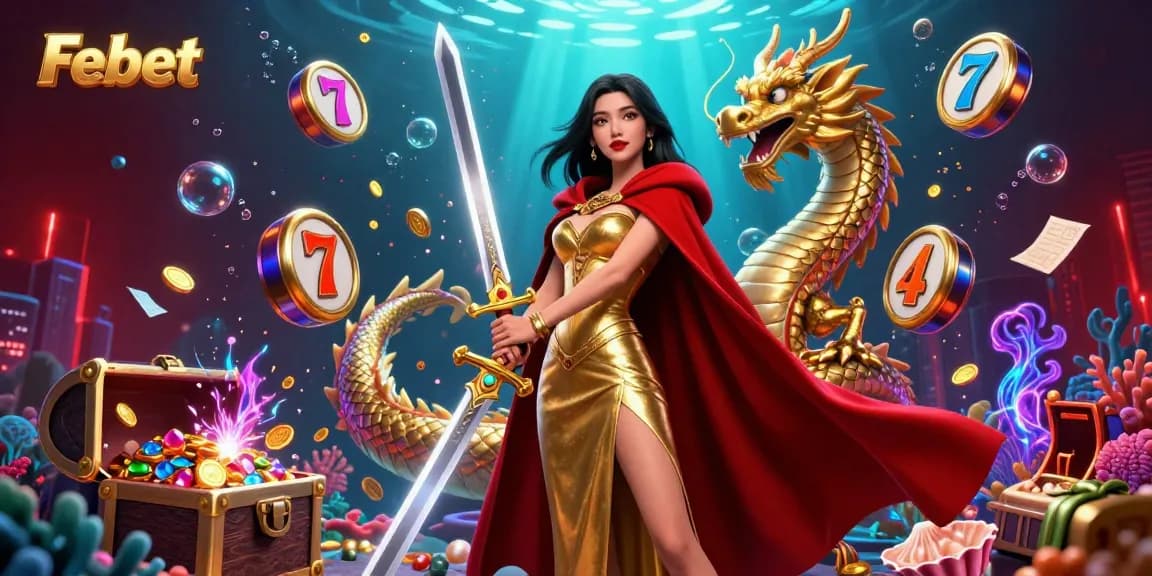Engage with Febet at a dynamic casino scene featuring colorful game elements and a powerful warrior.
