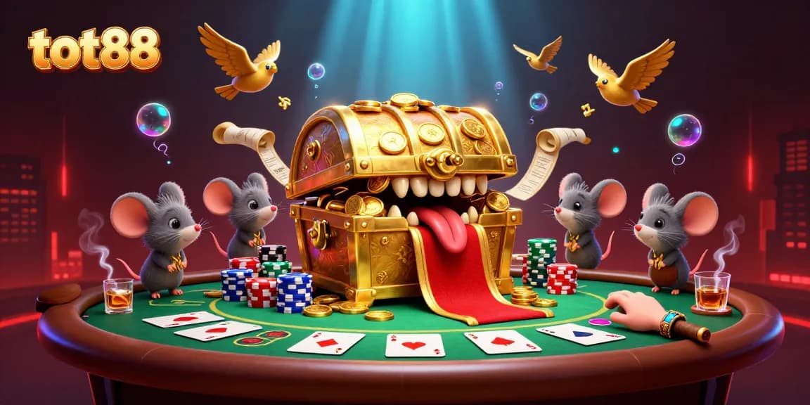 Experience the excitement of tot88 with rich visuals of a treasure chest and poker elements.