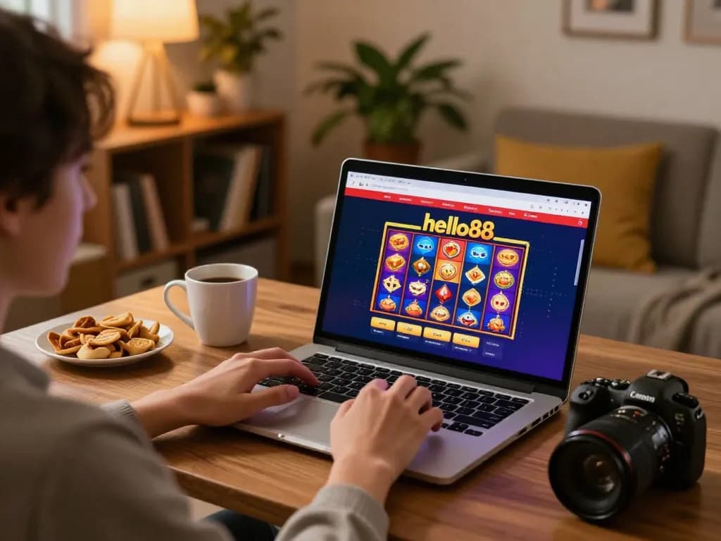 Engaging in exciting slot games on hello88 platform from cozy home setting with warm atmosphere.