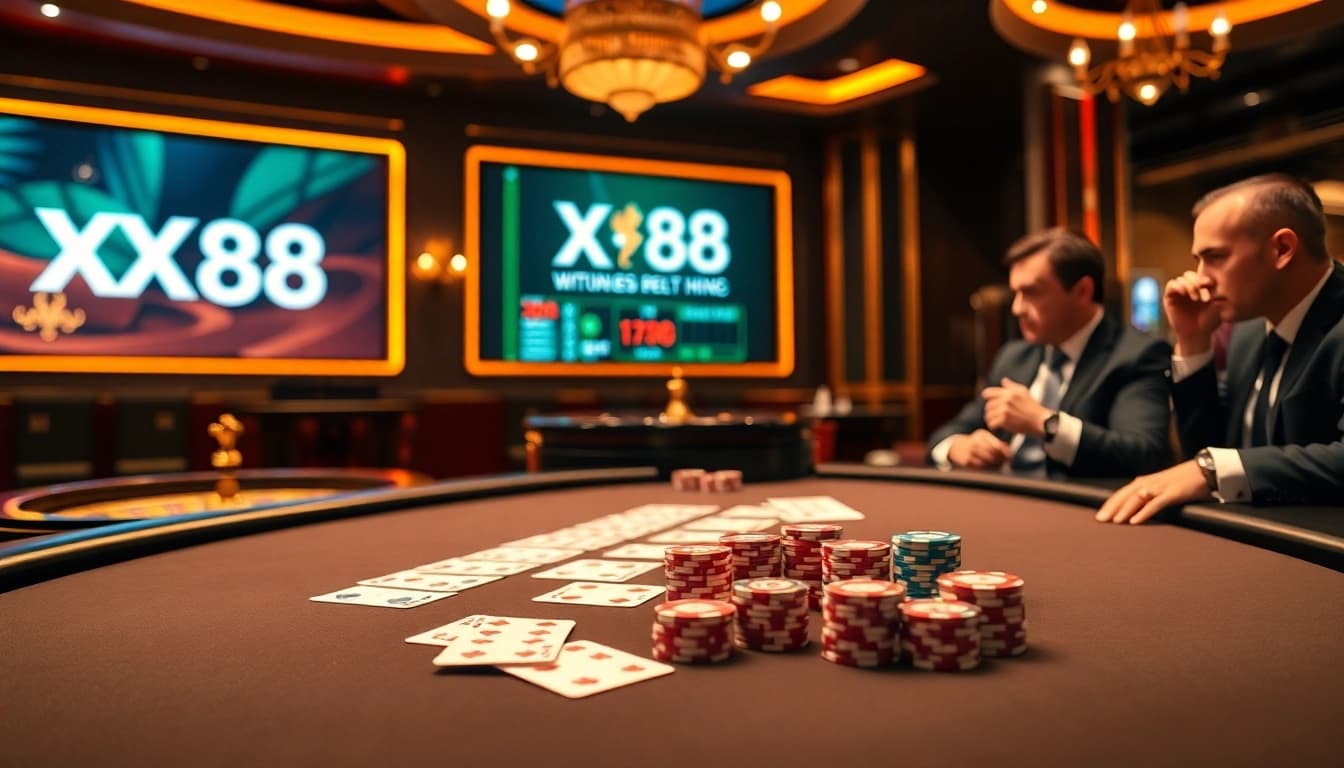 Players strategizing at a luxurious XX88 casino poker table with high-stakes chips.