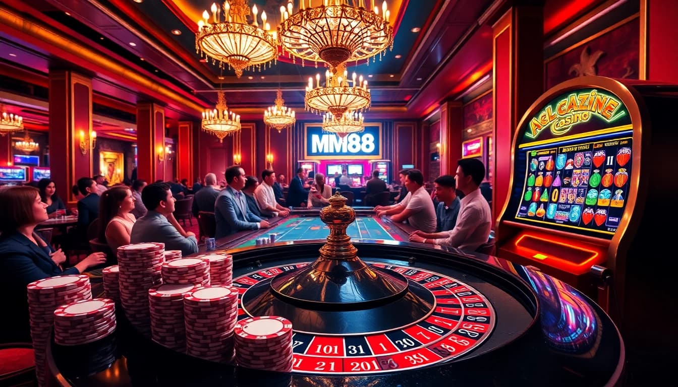 Exciting gameplay at a mm88 casino with vibrant roulette tables and colorful poker chips.