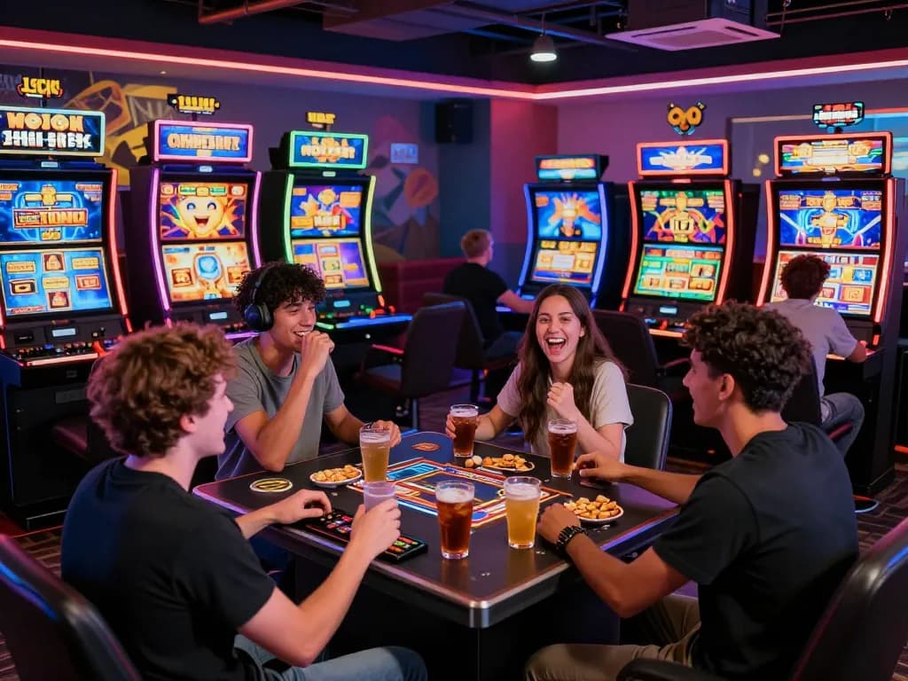 Pemain yang terlibat menikmati situs slot gacor di lounge permainan yang hidup dengan dekorasi berwarna-warni.