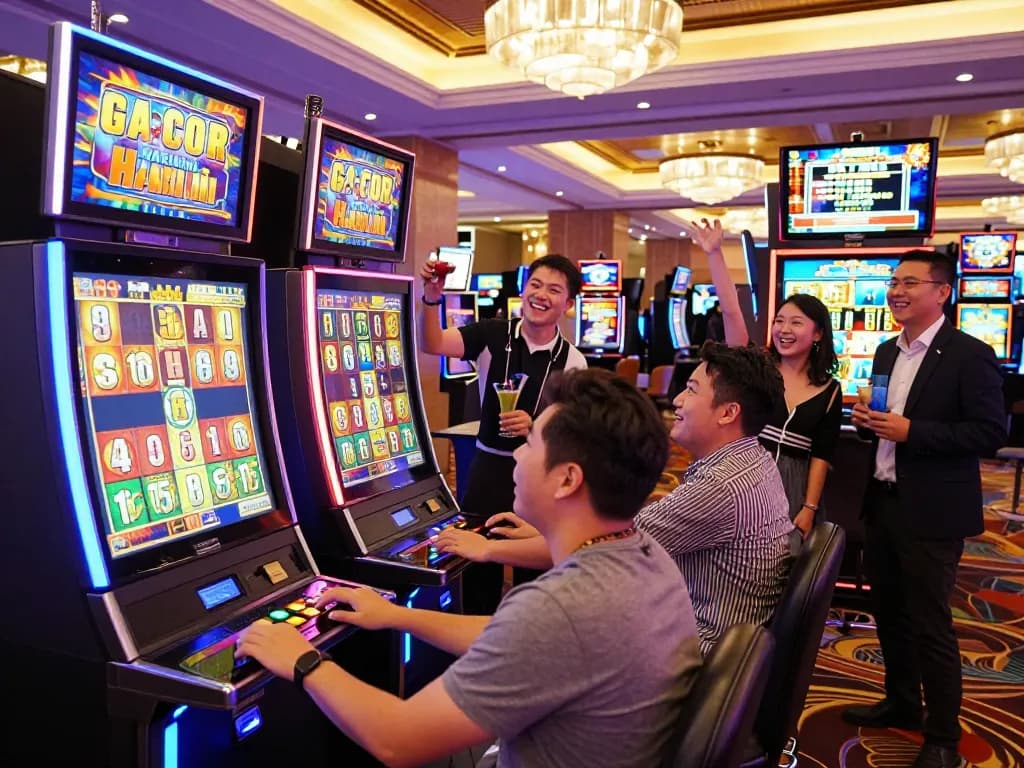 Pemain merayakan kemenangan besar di mesin slot gacor hari ini dalam suasana permainan yang meriah.