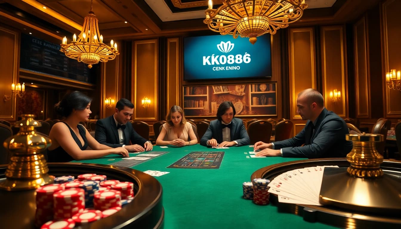 Engaging high-stakes poker game representing Trang chủ ok8386 with luxurious ambiance and vibrant casino elements.