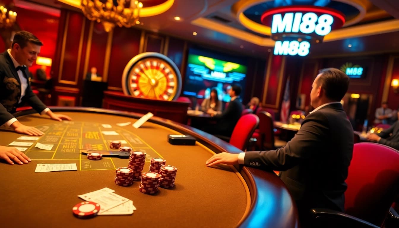M88 live casino experience with engaging dealer, poker chips, and roulette wheel.