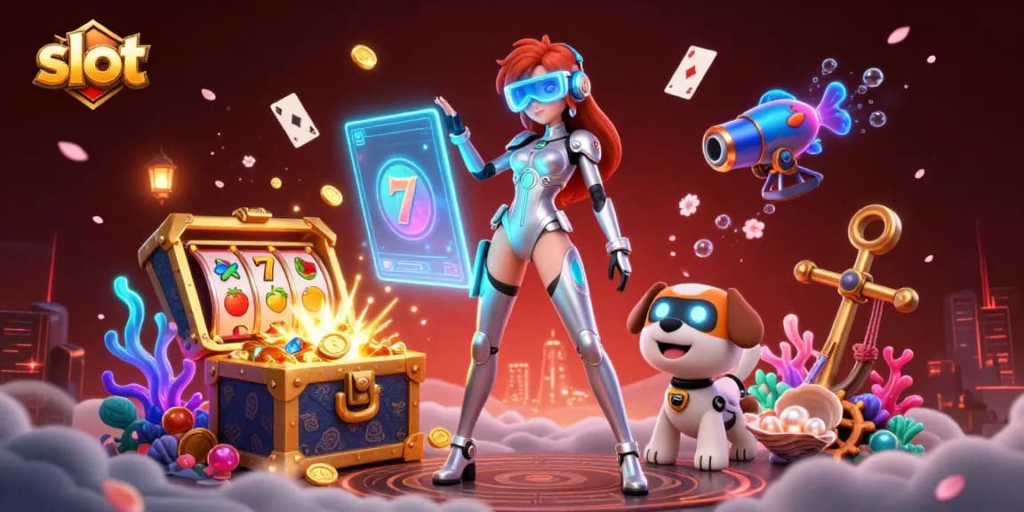 Engaging slot machine experience with a futuristic character and robot, surrounded by vibrant casino elements.