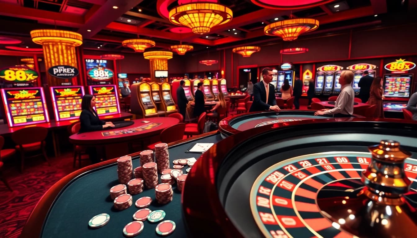 Experience the action of casino gambling with 88xx-themed poker chips and a roulette wheel.