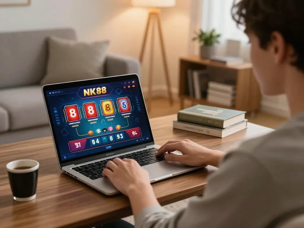 Engaged player using NK88 online casino app on laptop in a cozy home setting