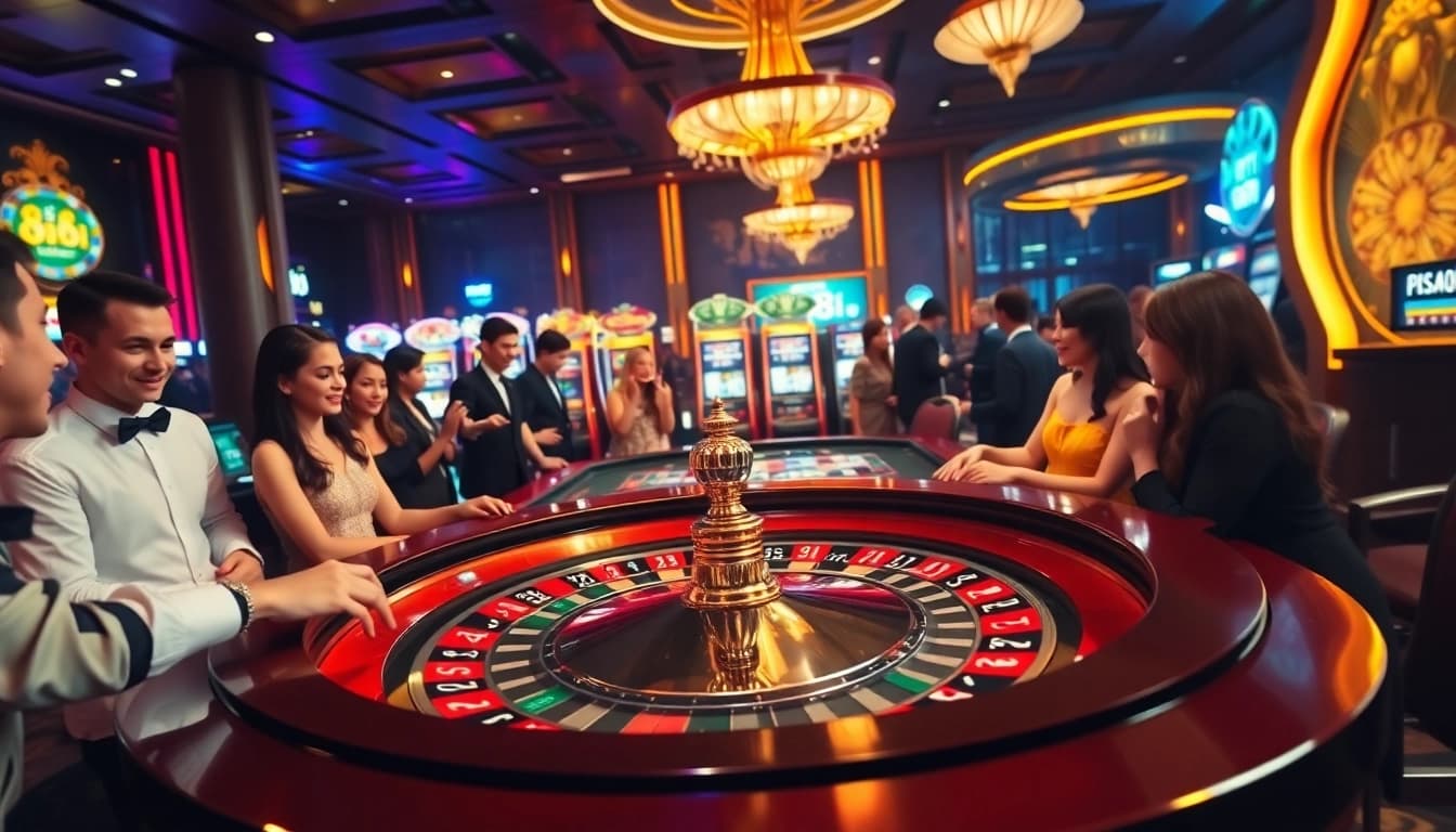Excited players engaging at a lavish 88i casino roulette table amidst vibrant slots.