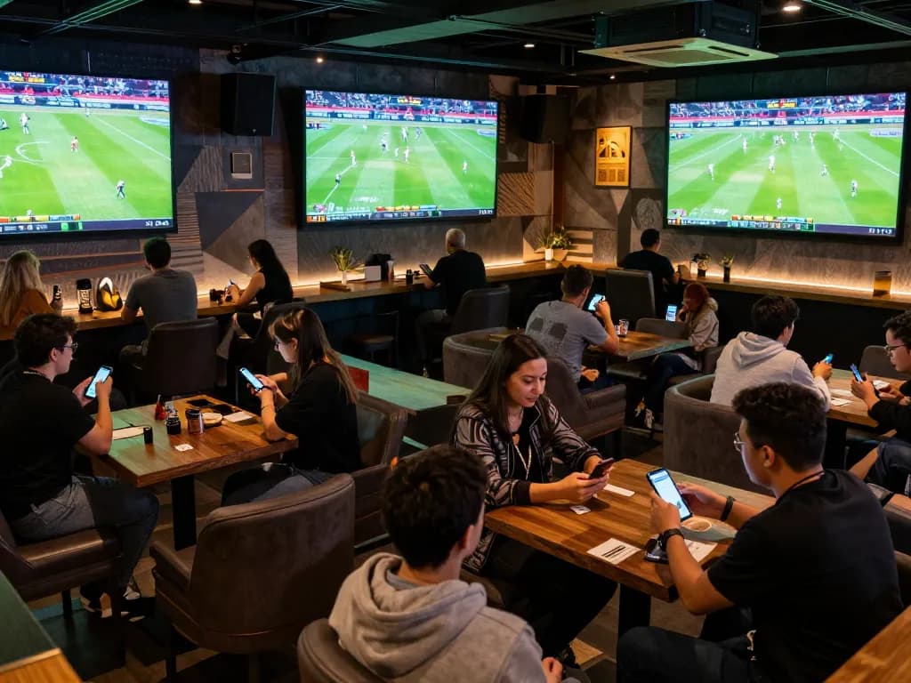 Kèo nhà cái hôm nay highlighted as sports fans excitedly place bets, watching matches live in a modern bar.