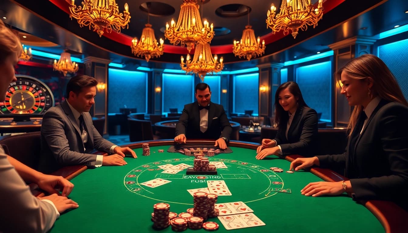 Players enjoying real money Evolution Gaming blackjack at a luxurious casino table, showcasing excitement and strategy.