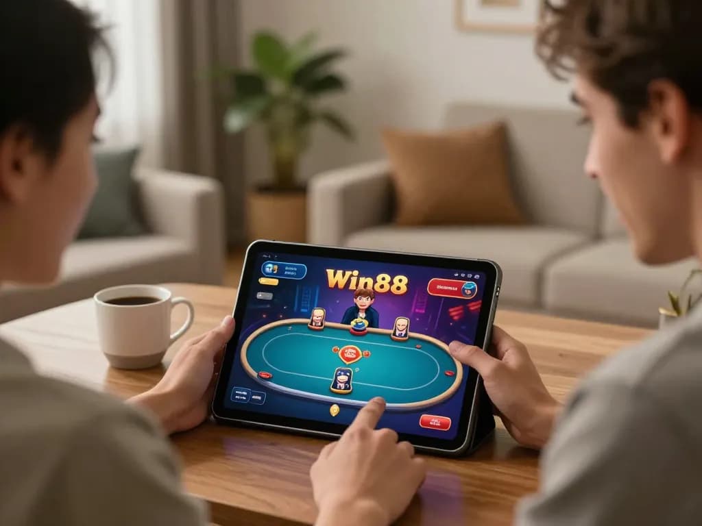 Win88 player engaging with online poker game interface in a cozy home setting