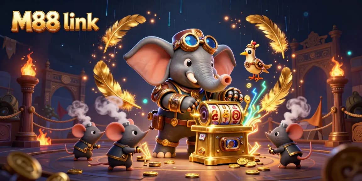 Engage with the thrilling M88 link as a steampunk elephant operates a golden slot machine in a vibrant arena.