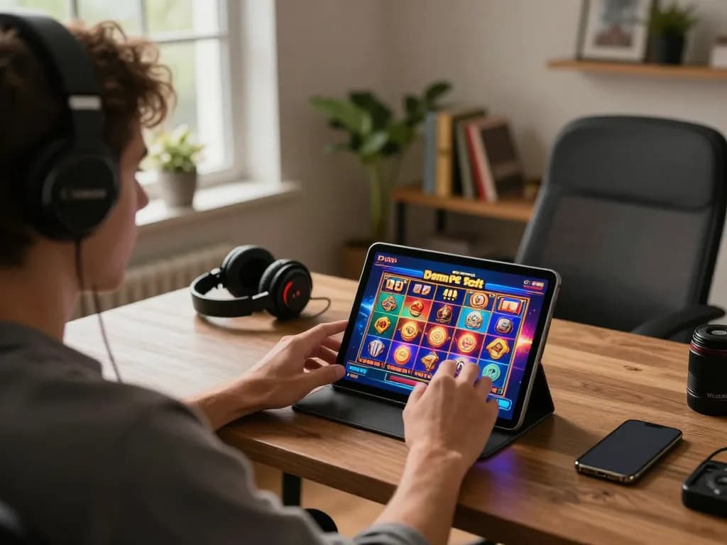 Permainan yang menarik di slot Demo PG Soft di pengaturan kantor rumah yang stylish, menampilkan kegembiraan dan strategi.