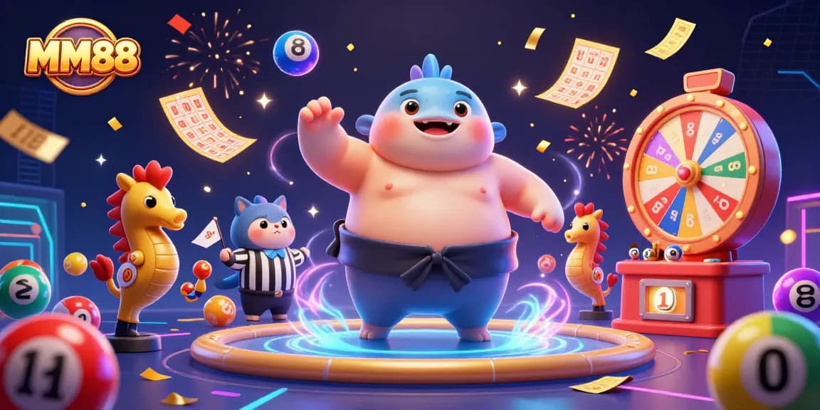 Experience thrilling games at MM88 with a vibrant illustration of underwater excitement and colorful lottery elements.
