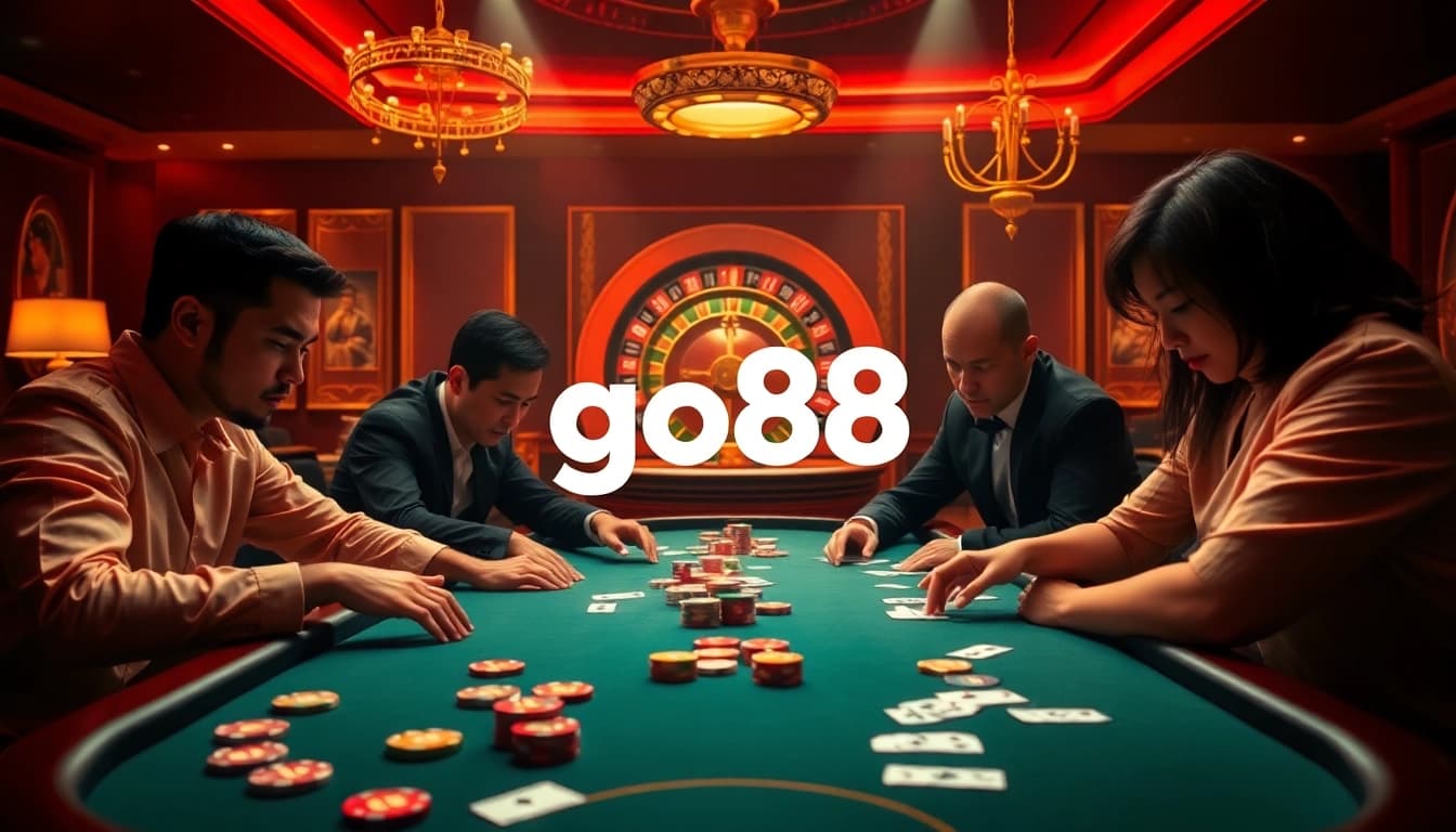 Exciting casino scene highlighting players at a poker table and elements related to tải go88.