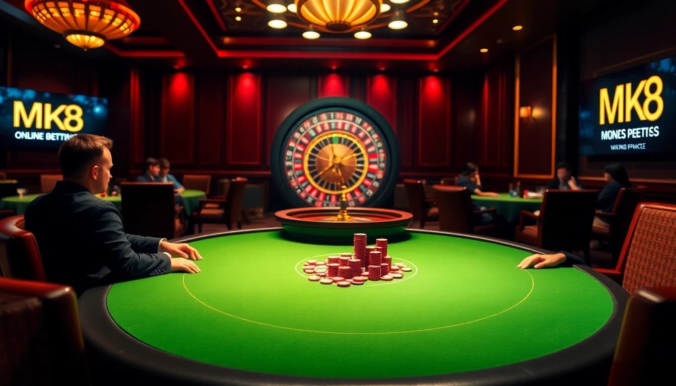 Players engaged in a thrilling poker game at MK8 casino, capturing an exciting moment of strategic betting.