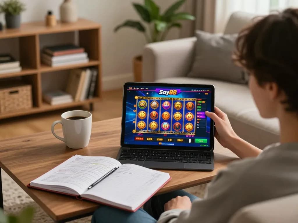 Say88 gaming setup with a player focusing on online slots, cozy home ambiance
