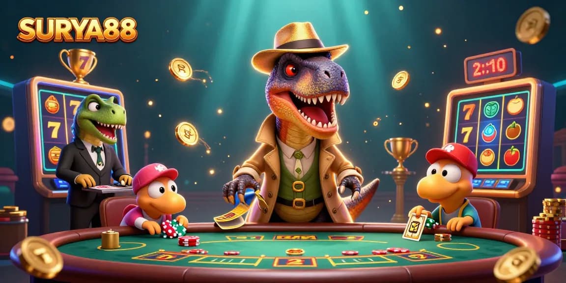 SURYA88 showcases a playful casino scene with a velociraptor trying to count cards discreetly.