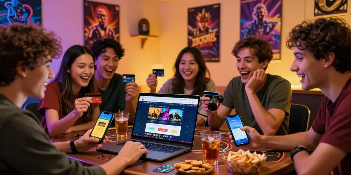 Exciting scene of friends exploring credit card casinos at https://dea.org.uk with laptops and snacks, showcasing vibrant gaming atmosphere.