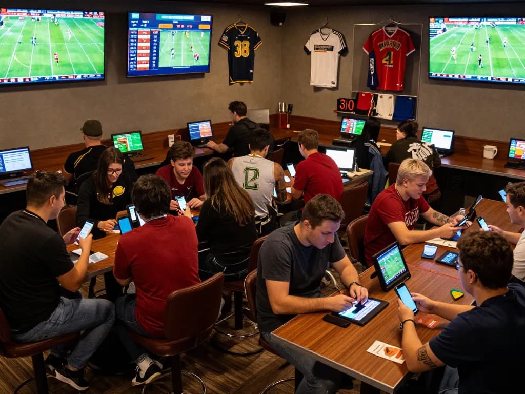 Kèo bóng đá hôm nay showing excited bettors placing wagers on live football matches with multiple screens in the background.