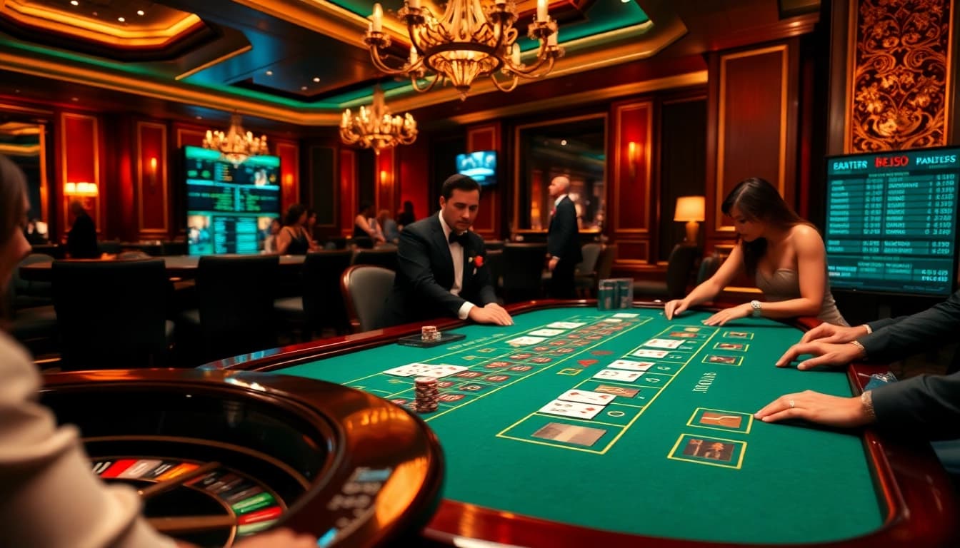 Experience thrilling blackjack action at tại nohu90 casino with elegant players and luxurious setting.