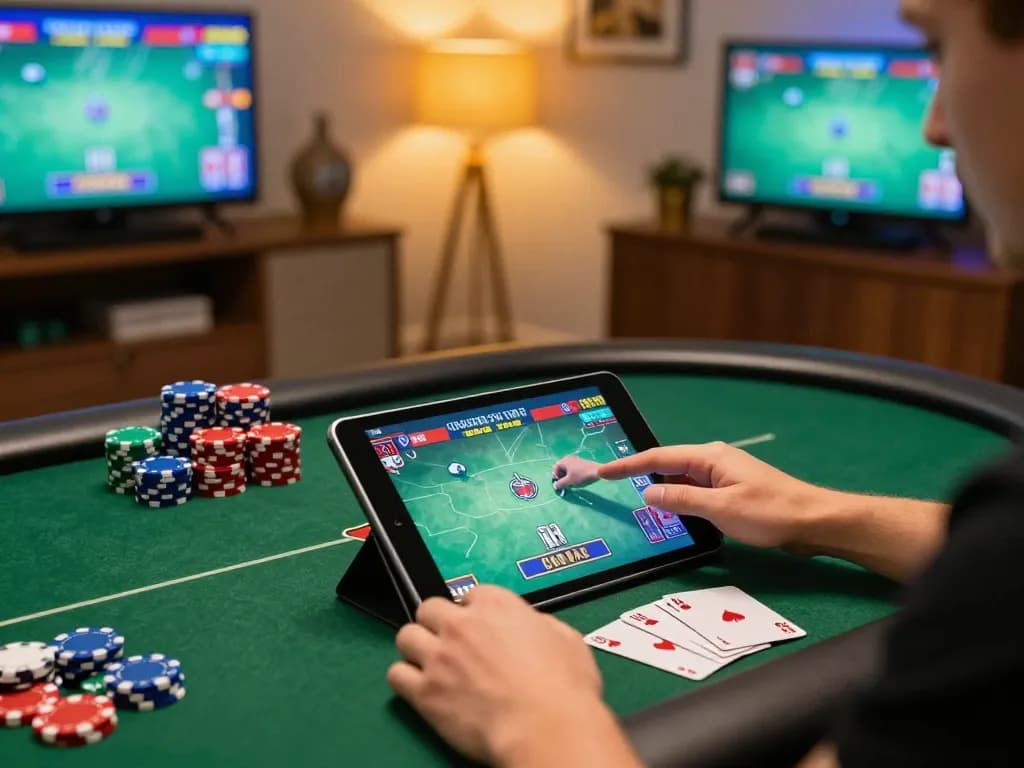 Engaging online poker experience at NK88 with players using tablets and chips on screen.