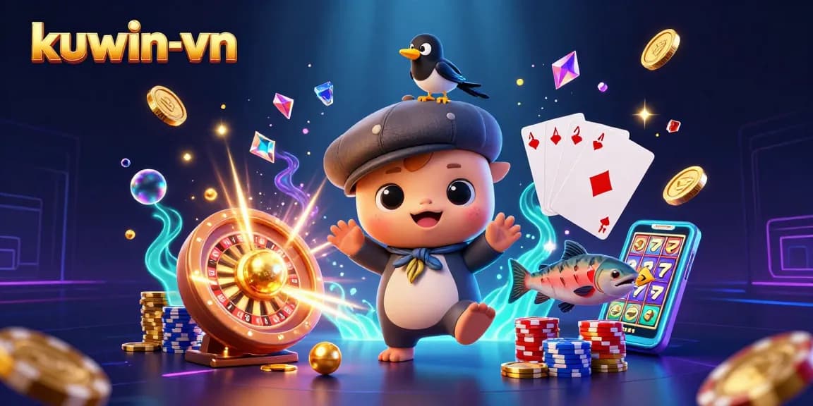 Engage in thrilling betting at kuwin-vn with playful characters surrounded by casino elements.