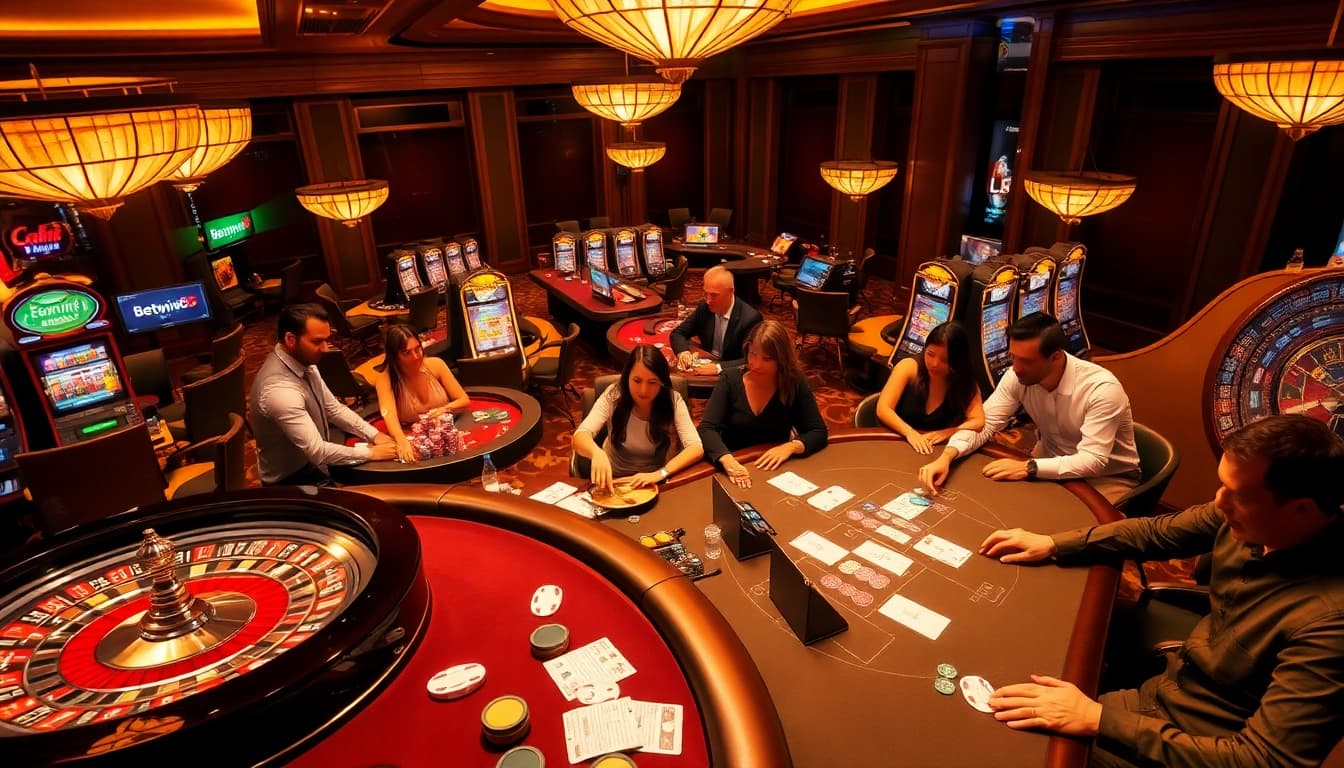 Players enjoying an exciting Betwin88 casino experience at vibrant tables filled with chips and cards.
