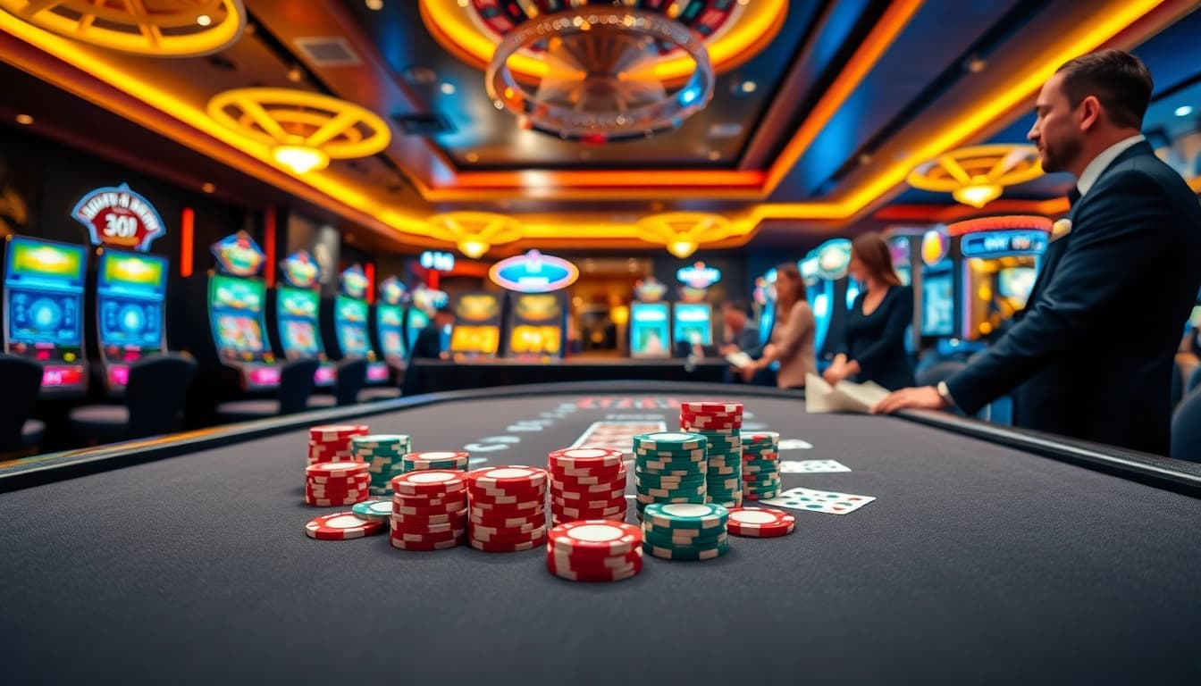 Experience thrilling gameplay at sunwin casino with vibrant poker chips and a roulette wheel.