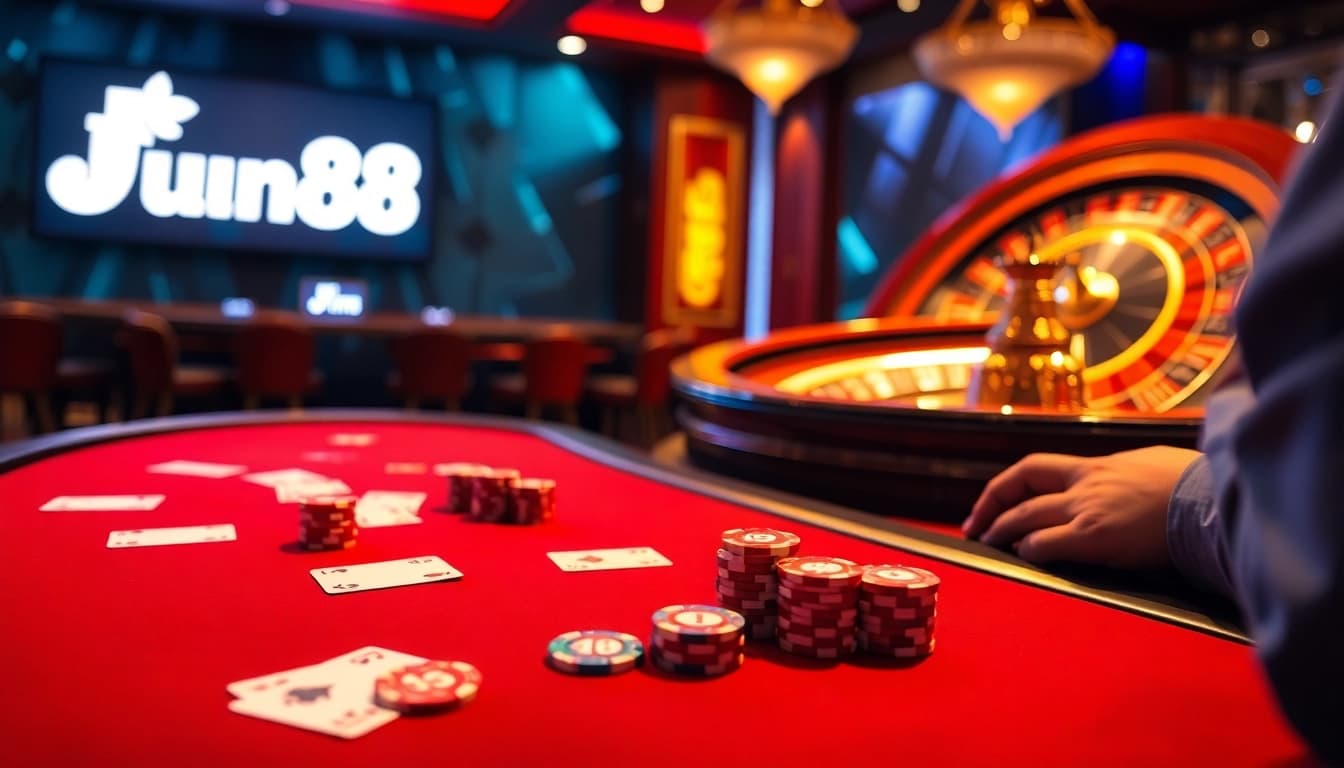 Experience excitement at Jun88 with a luxurious poker table filled with chips and cards.