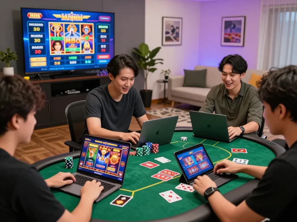 Exciting gaming scene featuring players engaged in slot gacor hari ini on laptops, vibrant casino graphics, and dynamic atmosphere.