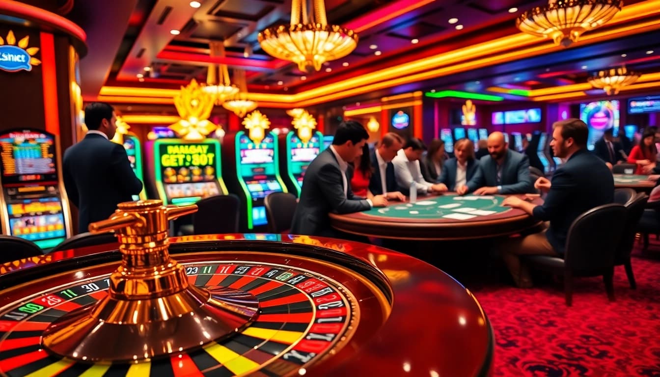 Sbobet gamblers enjoying a luxurious roulette game in an elegant casino setting.