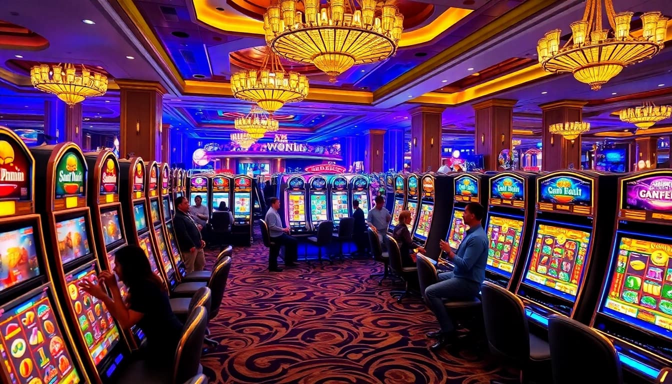 A vibrant scene of players enjoying various slot machines at a 슬롯사이트, showcasing excitement and high-energy gameplay.