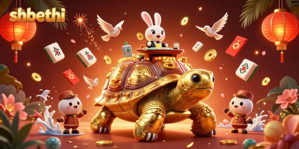 Win big at shbethi with vibrant scene featuring a golden tortoise casino and a rabbit dealer amidst festive elements.