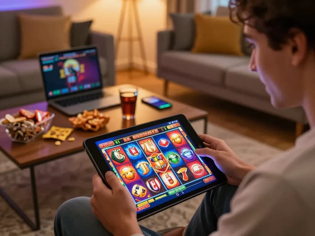 Engaging in slot online gaming session with a tablet amidst a cozy home atmosphere.