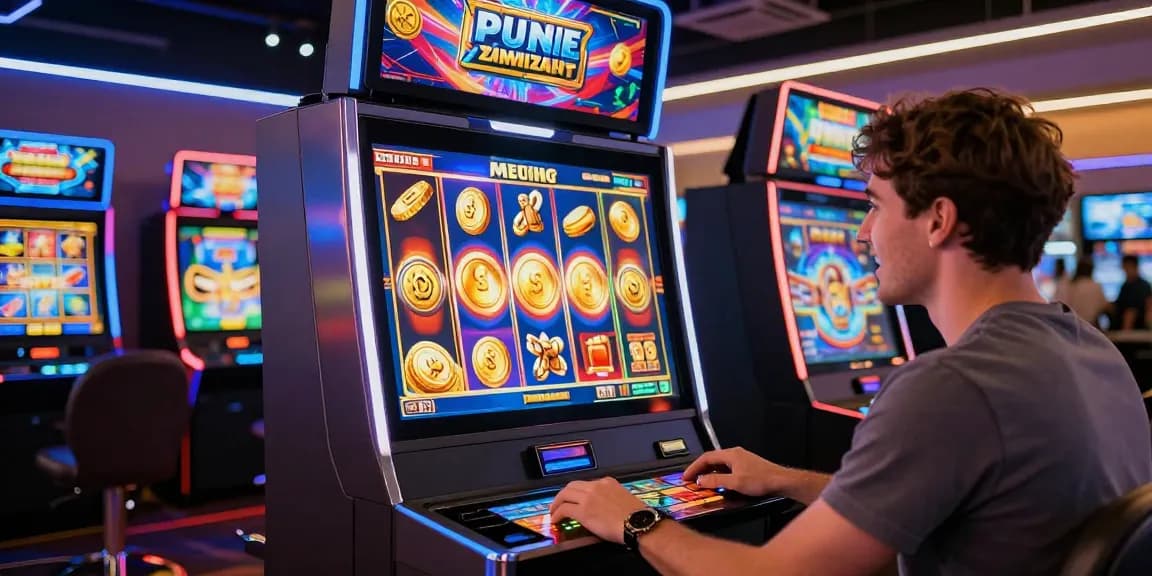 Player enjoying slots with bonus buys on a vibrant digital gaming platform, surrounded by modern technology.
