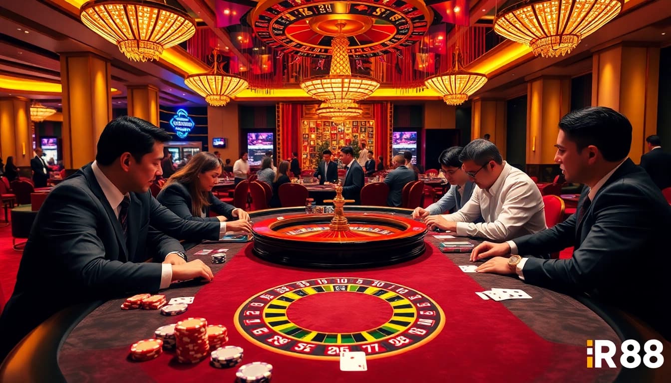 Engaging poker players at a luxurious casino table embodying nhà cái rr88's excitement and strategy.