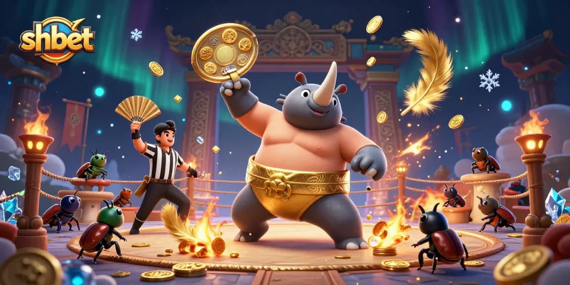 Engage in thrilling shbet action with a dynamic scene of a rhinoceros beetle champion amidst flying coins and festive fans.