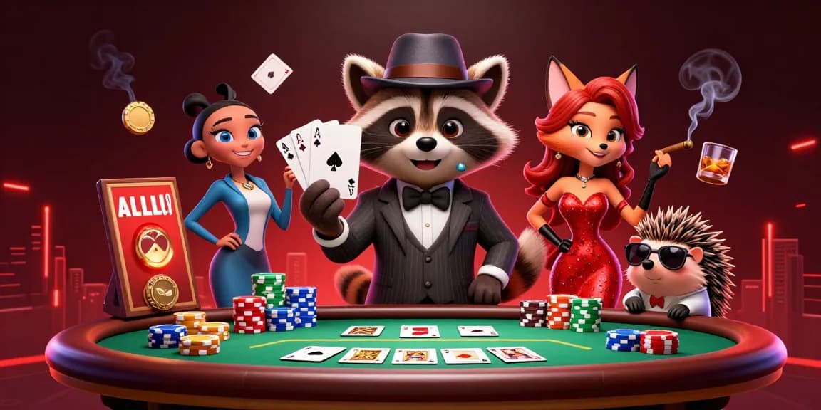 Engage with 23win to win big at poker with our cartoon raccoon, fox, and hedgehog characters.