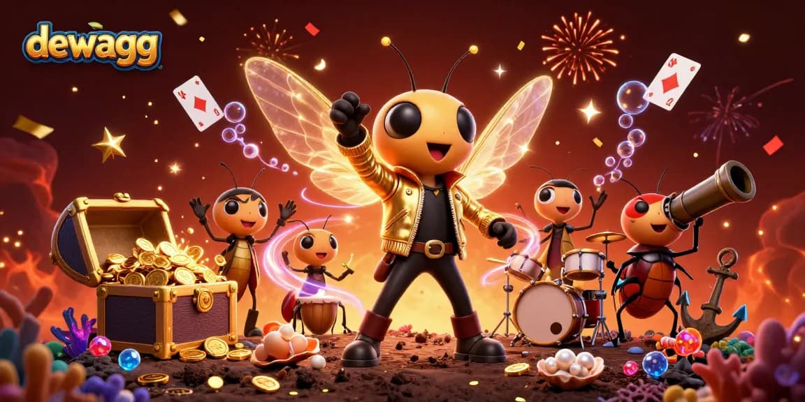 Dewagg enhances excitement with a vibrant 3D casino scene featuring a cicada rock star and dynamic rewards.