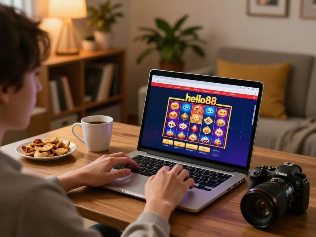 Engaging in exciting slot games on hello88 platform from cozy home setting with warm atmosphere.