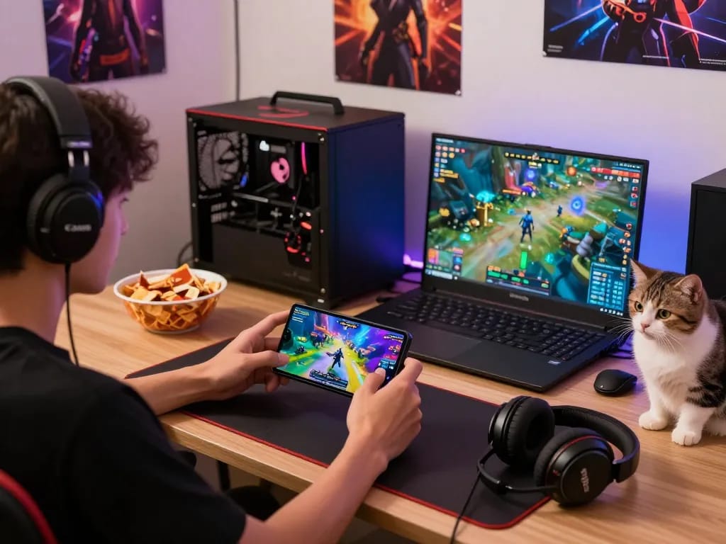 Gamer enjoying panen178 mobile games in a vibrant gaming setup.