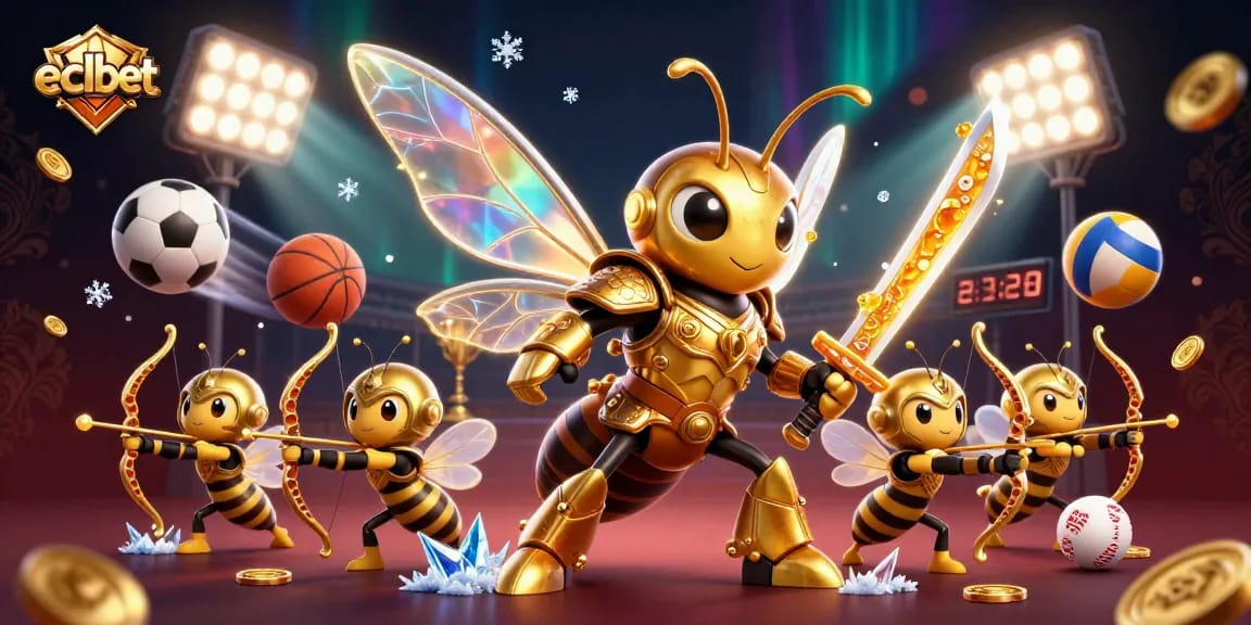 ECLBet's lively gaming environment showcases the golden hornet and bee archers amidst dynamic sports elements.