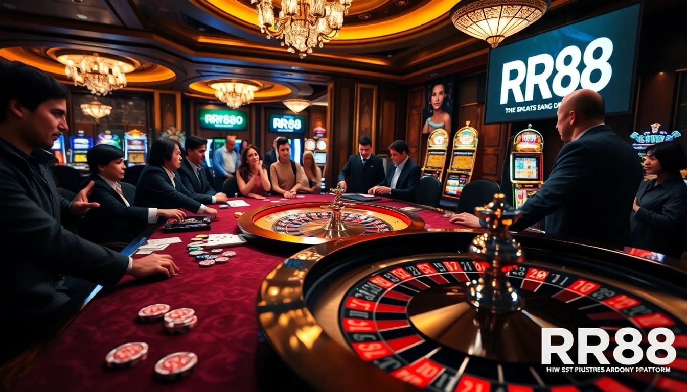 Experience the excitement of RR88 as players engage with roulette and poker in a luxury casino setting.