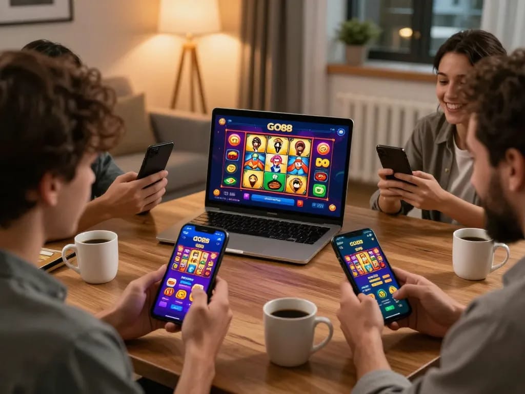Players enjoying the GO88 mobile casino app, showcasing thrilling games at home