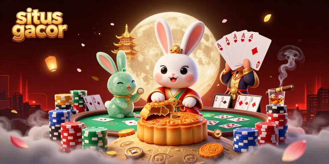situs gacor showcases a mystical moon rabbit and jade companion amidst poker games and lunar delights