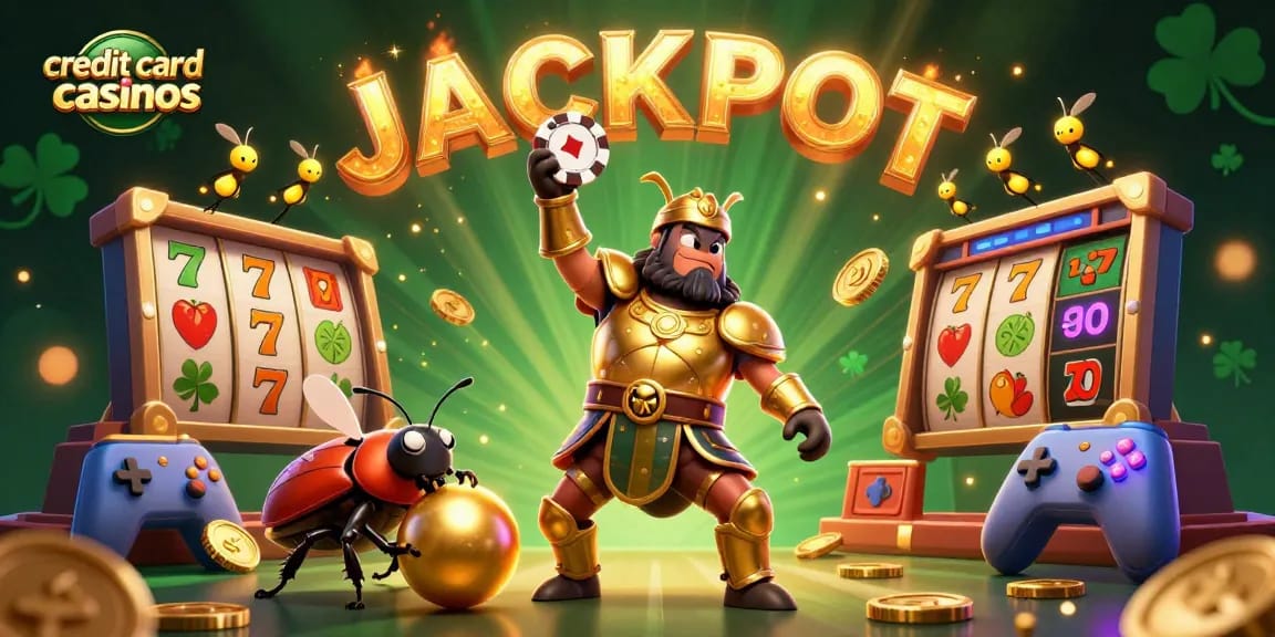 Experience thrilling gameplay at credit card casinos with a 3D beetle championing jackpot wins in a vibrant scene.